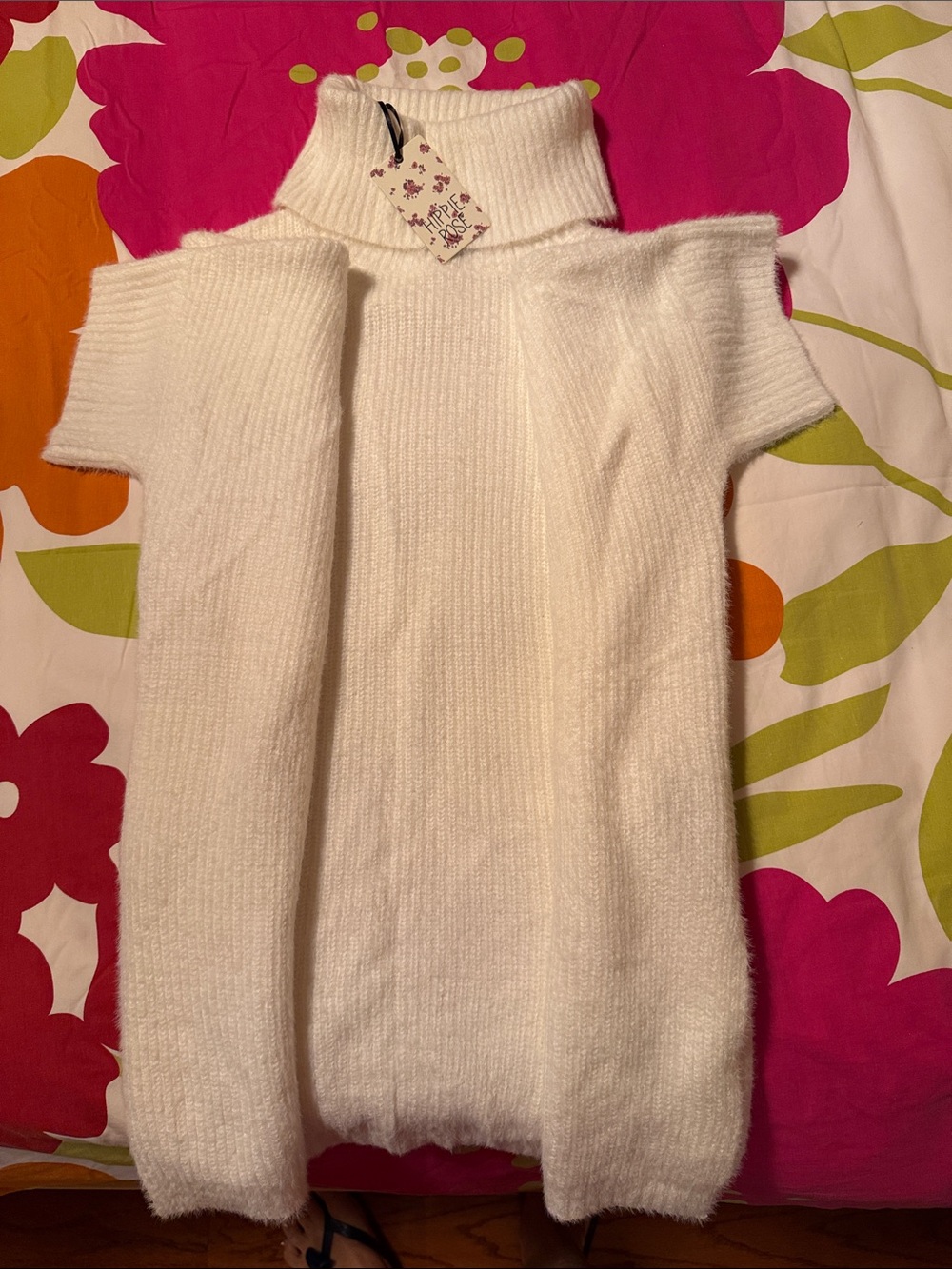 Hippie Rose Cream Fuzzy Turtleneck Short-Sleeve sweater